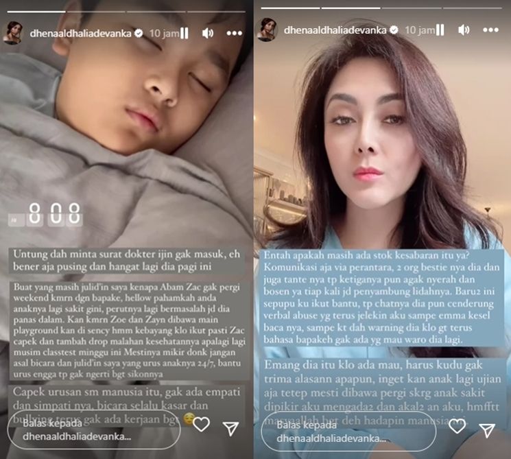 Dhena Devanka mengungkap kondisi putranya, Zac yang sakit dan menjadi alasan dirinya melarang Jonathan Frizzy alias Ijonk mengajak pergi anaknya tersebut. [Instagram]