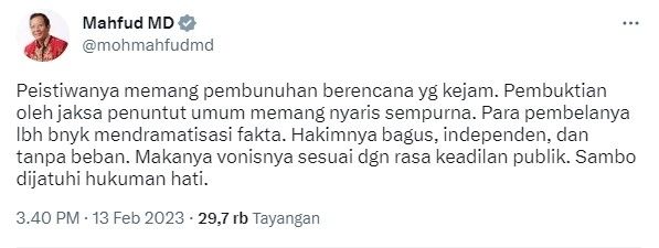 Komentar Mahfud MD soal vonis Ferdy Sambo (Twitter/mohmahfudmd)