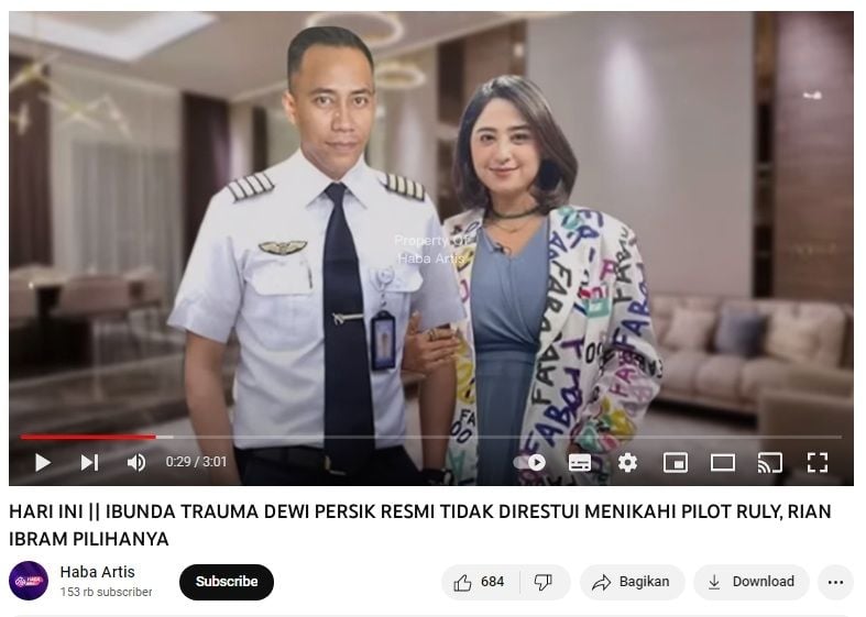 Cek fakta soal Dewi Perssik tak direstui ibu buat menikah dengan pilot [YouTube/Haba Artis]