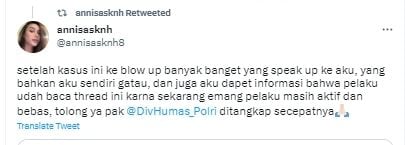 Seorang mahasiswi Universitas Pelita Harapan (UPH), Annisa Sakinah mengaku menjadi korban kekerasan oleh rekan satu kampus melalui akun Twitternya. (Tangkap layar)