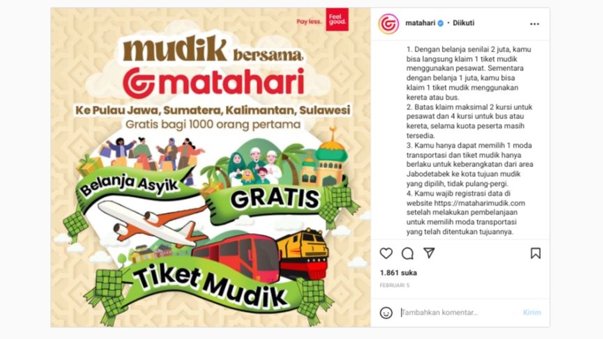 cara dapat tiket mudik gratis 2023 Matahari. (Instagram/matahari)