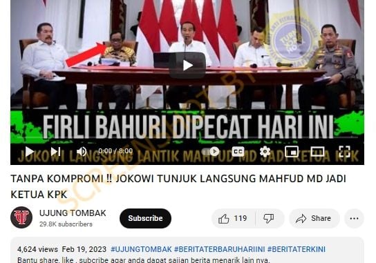 CEK FAKTA: Jokowi Tunjuk Mahfud MD Jadi Ketua KPK Usai Pecat Firli Bahuri, Benarkah? [Turnbackhoax.id]