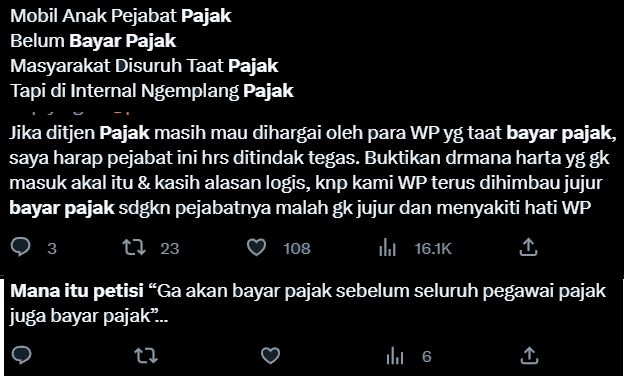 Celotehan netizen ogah bayar pajak efek kasus Mario Dandy. (Dok. Twitter)