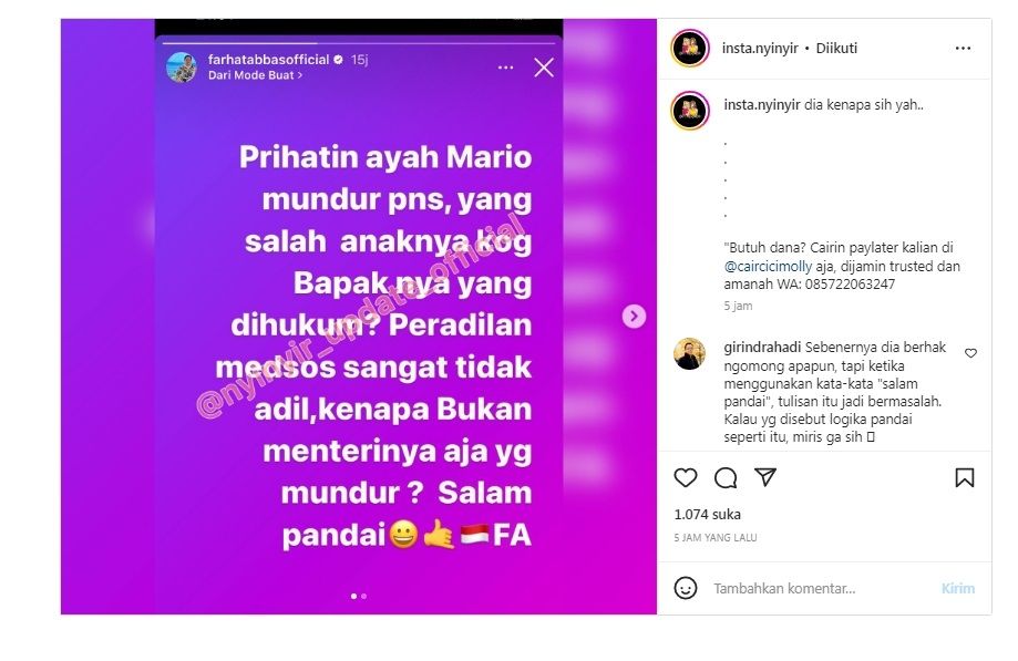 Tanggapan Farhat Abbas soal pengunduran diri ayah Mario Dandy Satriyo. 