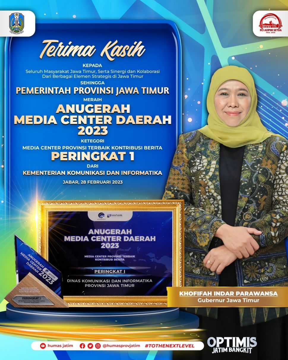 Pemprov Jatim meraih penghargaan tingkat pertama sebagai Media Center Daerah Terbaik Kontribusi Pemberitaan Tahun 2023, dalam ajang Regional Media Center (AMC) Award Kementerian Komunikasi dan Informatika Tahun 2023. (Dok: Pemprov Jatim)