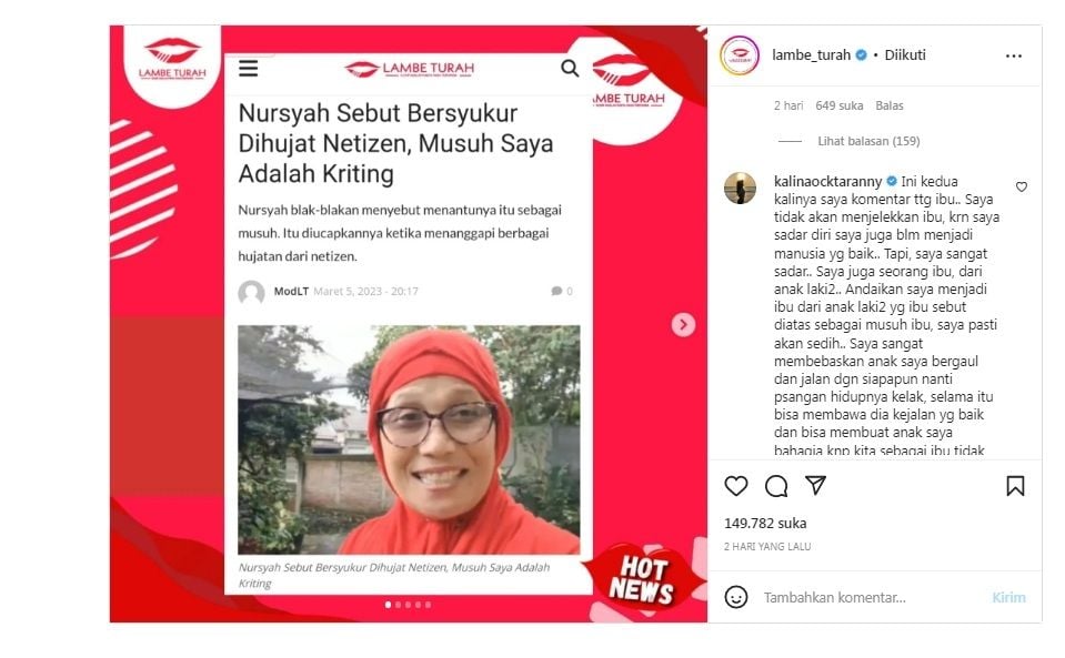 Kalina Oktarani ceramahi ibunda Indah Permatasari, Nursyah. 