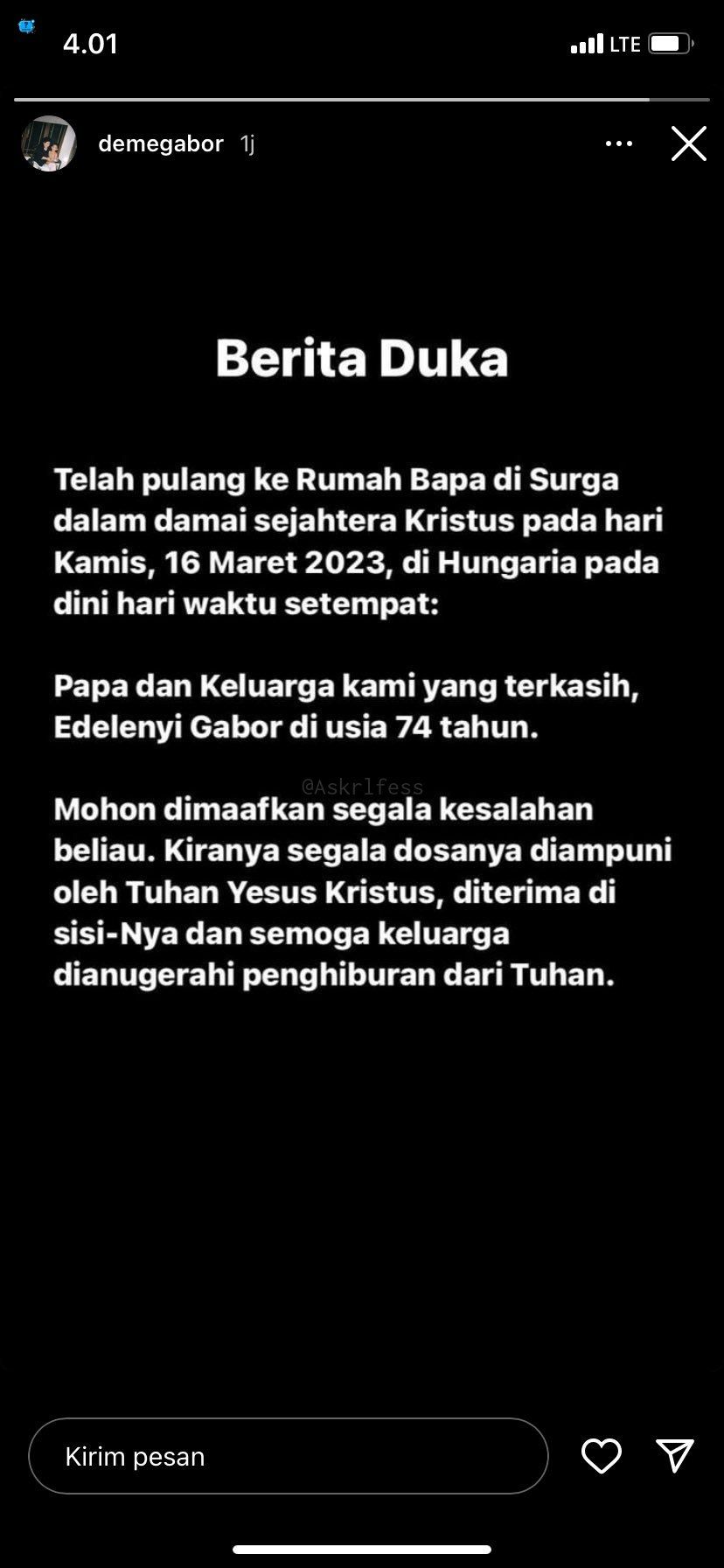 Kabar duka ayah mendiang Laura Anna meninggal dunia (Instagram)