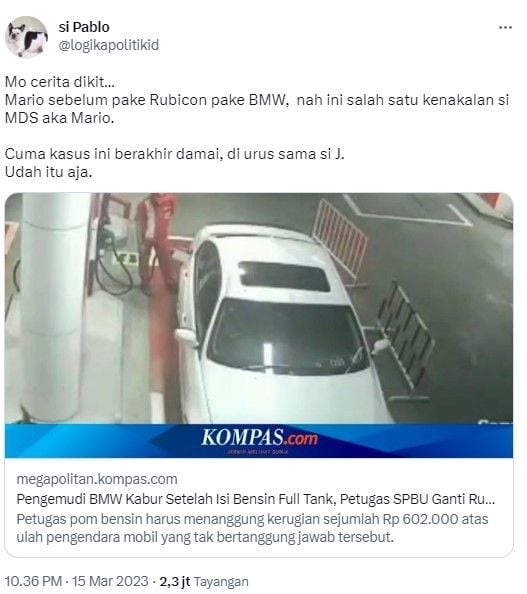 BMW kabur usai isi bensin diduga ulah mario dandy (Twitter)