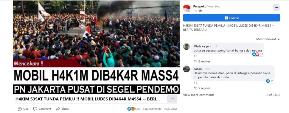 CEK FAKTA: Mobil Hakim Ludes Dibakar Massa Gegara Putuskan Tunda Pemilu 2024, Benarkah? [Facebook]