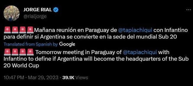 Jurnalis asal Argentina, Jorge Rial melaporkan Presiden AFA, Claudio Tapia akan segera bertemu dengan Presiden FIFA Gianni Infantino untuk membahas pengajuan tuan rumah Piala Dunia U-20 2023. [Twitter]