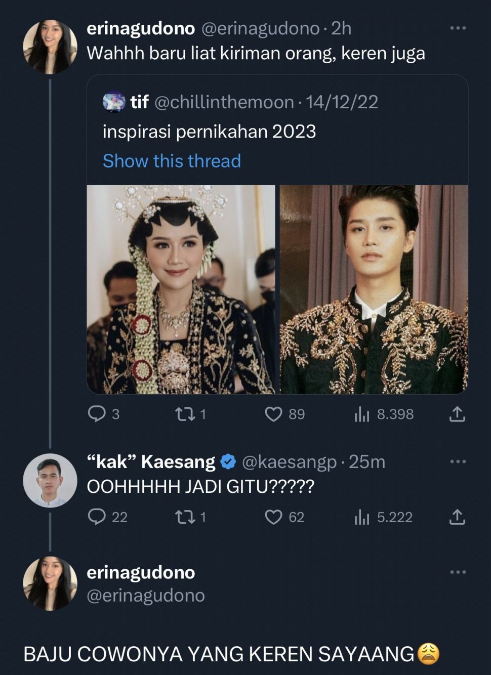 Lucunya Kaesang Pangarep yang Cemburu Saat Erina Gudono Jadi Pengantin Bersama Taeil NCT (Twitter)