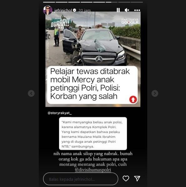 Jefri Nichol sindir kasus tabrakan anak Ira Riswana, yang terkesan mendapat perlakuan istimewa. Seperti diketahui, suami Ira Riswana adalah seorang petinggi polri. [Instagram]