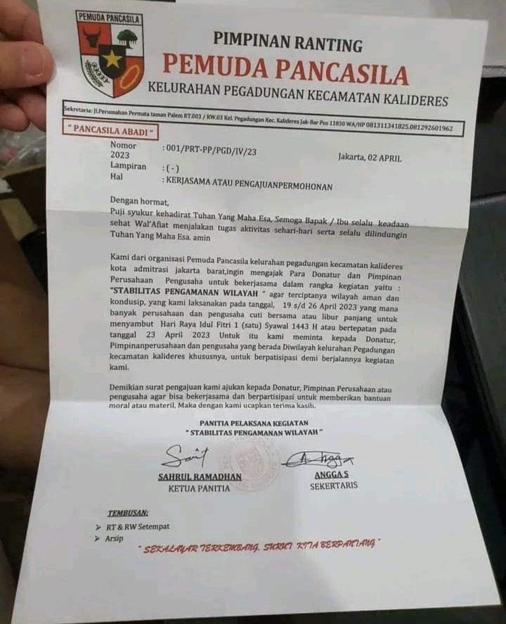 Beredar surat edaran tentang dugaan permintaan Tunjangan Hari Raya (THR) oleh Organisasi Kemasyarakatan atau Ormas di wilayah Kalideres, Jakarta Barat. (ist)