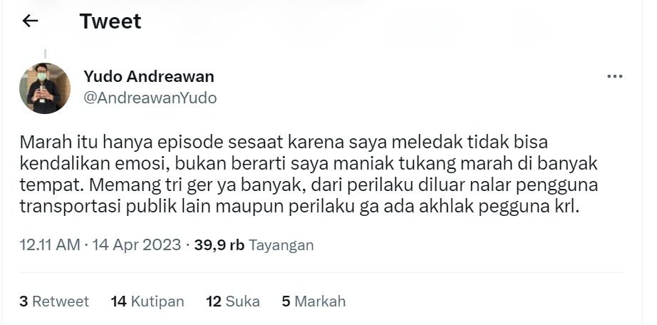 Yudo Andreawan soal emosi yang tak bisa dikendalikan (Twitter @AndreawanYudo)