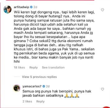 Komentar Arfota Dwi Putri untuk Yama Carlos (Instagram)