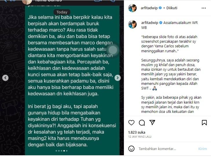 Postingan Arfita Dwi Putri untuk Yama Carlos (Instagram)