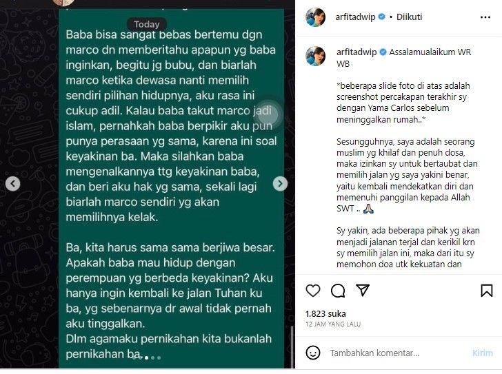 Postingan Arfita Dwi Putri untuk Yama Carlos (Instagram)