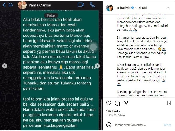 Pesan terakhir Arifta Dwi Putri untuk Yama Carlos (Instagram)