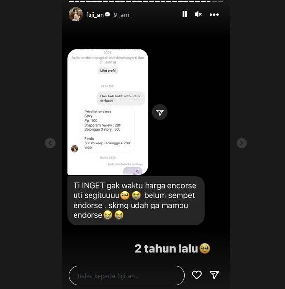 Fuji mengunggah tarif endorse dua tahun lalu. [Instagram]