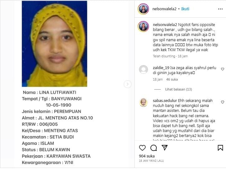 Unggahan soal Lina Mukherjee [Instagram/@nelsonvalela2]