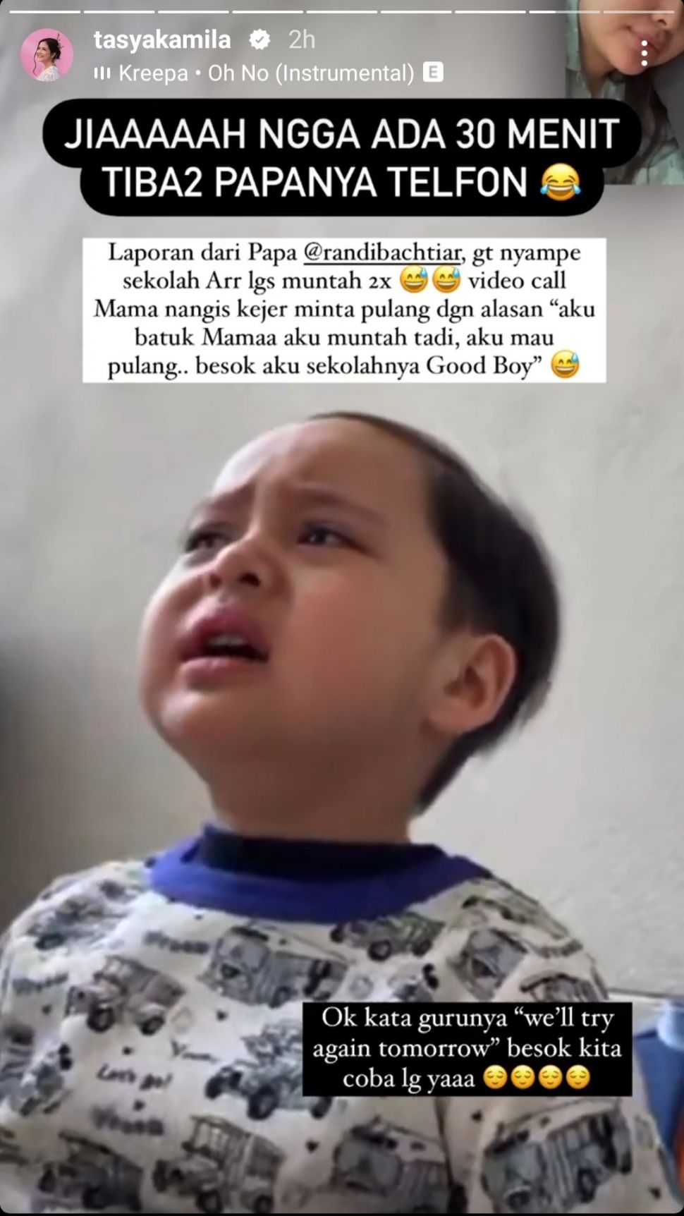 Putra Tasya Kamilia menangis di hari pertama sekolah.  (dok. Instagram)