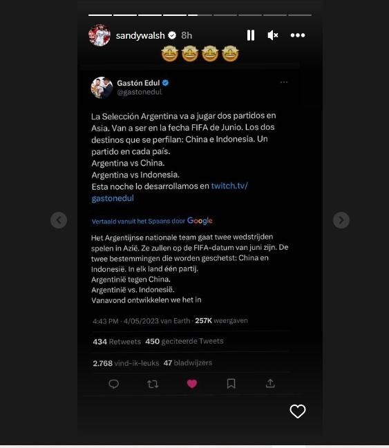 Sandy Walsh girang timnas Indonesia dikabarkan lawan Argentina. (Instagram/sandywalsh)