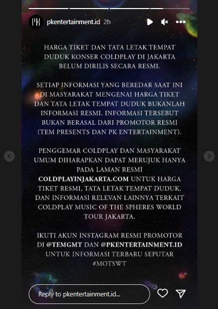 Pengumuman harga tiket konser Coldplay (Instagram)