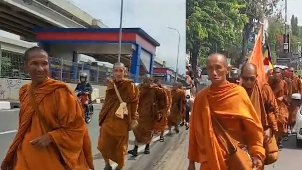 32 biksu jalan kaki dari Thailand ke Candi Borobudur. (TikTok)