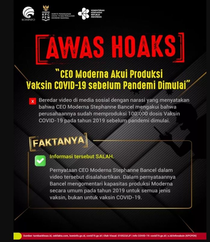 Cek Fakta CEO Moderna akui produksi vaksin Covid-19 sebelum pandemi dimulai. (Dok. Satgas Covid-19)