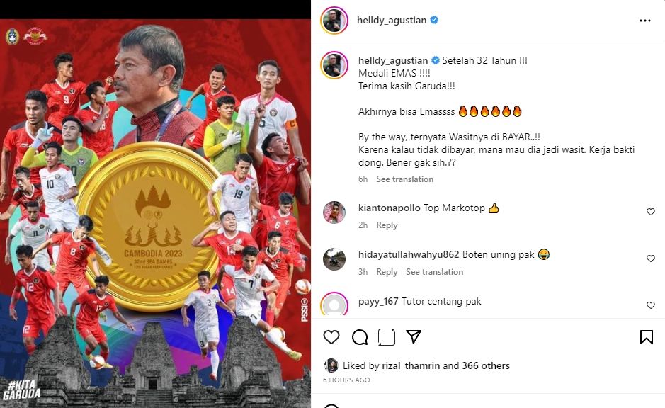 Wali Kota Cilegon Helldy Agustian terang-terangan menyebut wasit Final SEA Games 2023 Timnas Indonesa dibayar. [Instagram @helldy_agustian]