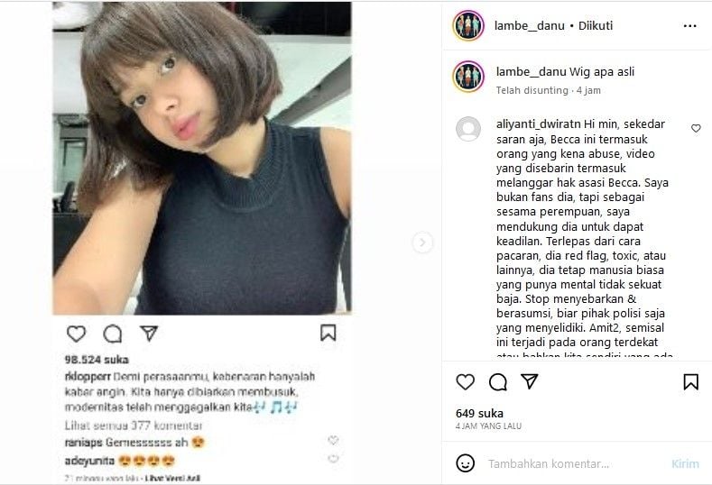 Salah satu unggahan Rebecca Klopper yang diunggah ulang akun Instagram @lambe__danu. 