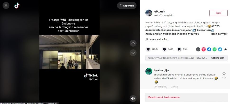 CEK FAKTA: Viral Video WNI Dideportasi Tembak Tiket Kereta Shinkansen (TikTok @e9_ash)