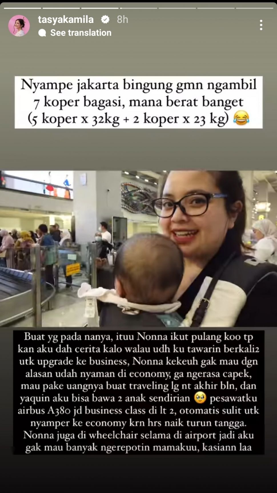 Tasya Kamila Curhat Naik Pesawat New York - Jakarta Bareng 2 Anaknya, Bawa 7 Koper Besar Diurus Sendirian. (Dok: Instagram/TasyaKamila)