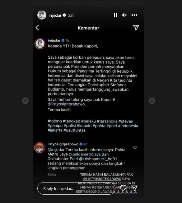 Kapolri Listyo Sigit Prabowo tanggapi aduan Jessica Iskandar [Instagram]