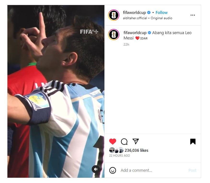 Lagu Aldi Taher jadi backsound video di akun FIFA (Instagram @fifaworldcup)