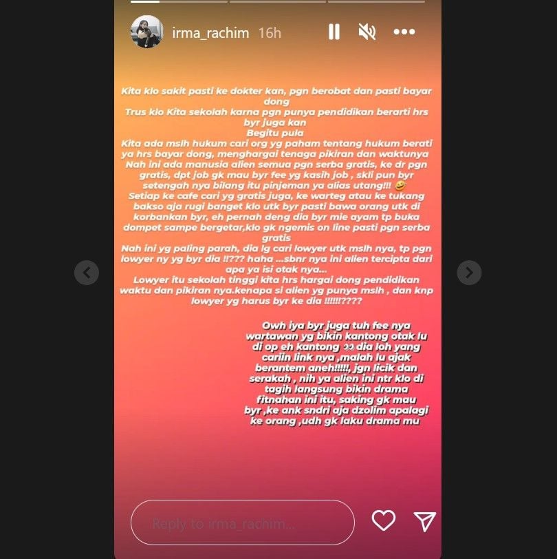 Irma Rachim diduga menyindir Doddy Sudrajat di Instagram Story. 