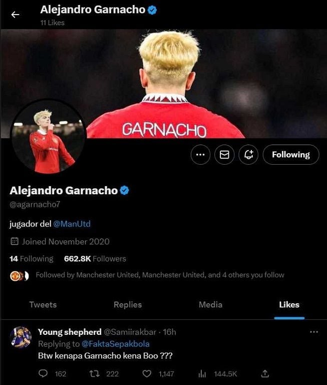 Winger Manchester United dan Timnas Argentina, Alejandro Garnacho menyukai cuitan warganet Indonesia yang mempertanyakan kenapa dirinya disoraki fans Timnas Indonesia di Stadion Utama Gelora Bung Karno (SUGBK), Jakarta. [Twitter/@agarnacho7]