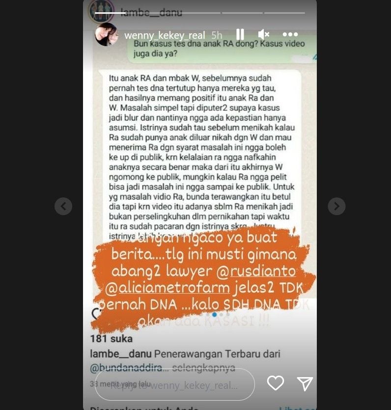 Wenny Ariani bantah kalau putrinya, Kekey sudah melakukan tes DNA. [Instagram]