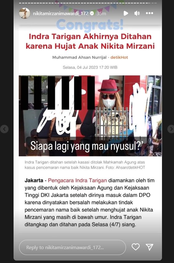 Nikita Mirzani Senang Indra Tarigan Ditangkap (Instagram)