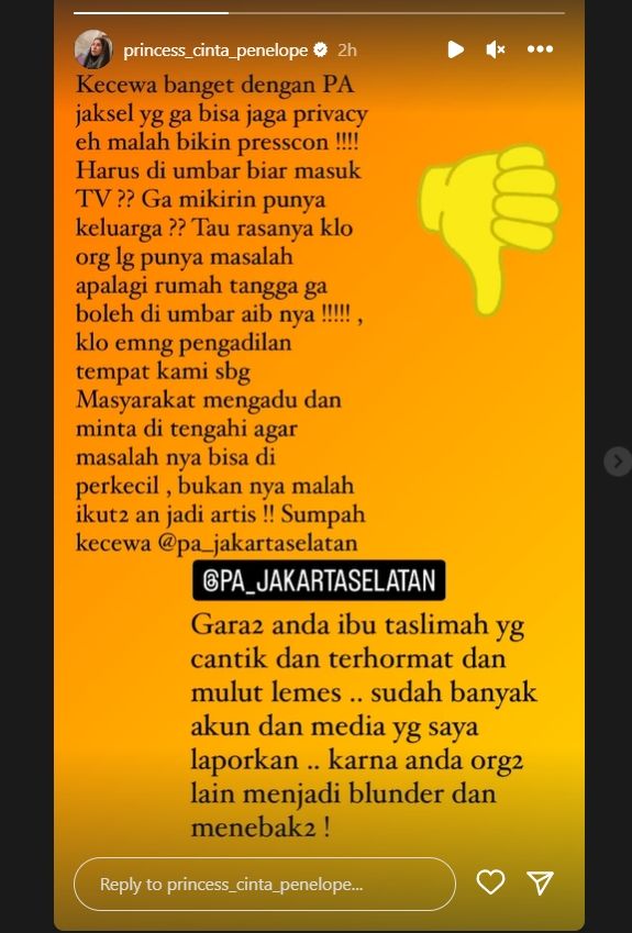Cinta Penelope kecewa dengan Pengadilan Agama Jakarta Selatan (Instagram)