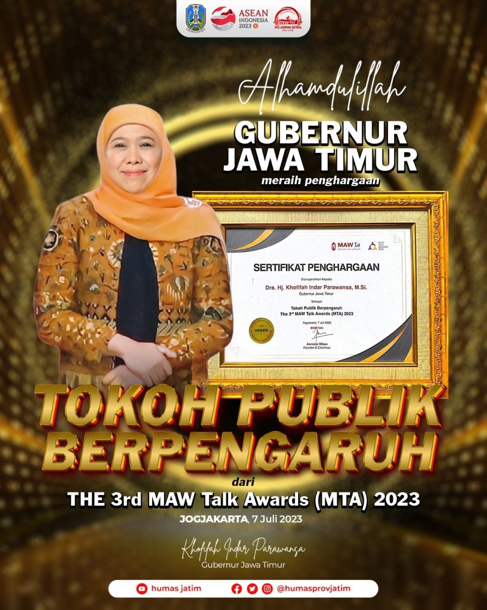 Gubernur Khofifah Raih Penghargaan Tokoh Masyarakat Berpengaruh di The 3rd MAW Talk Award 2023.