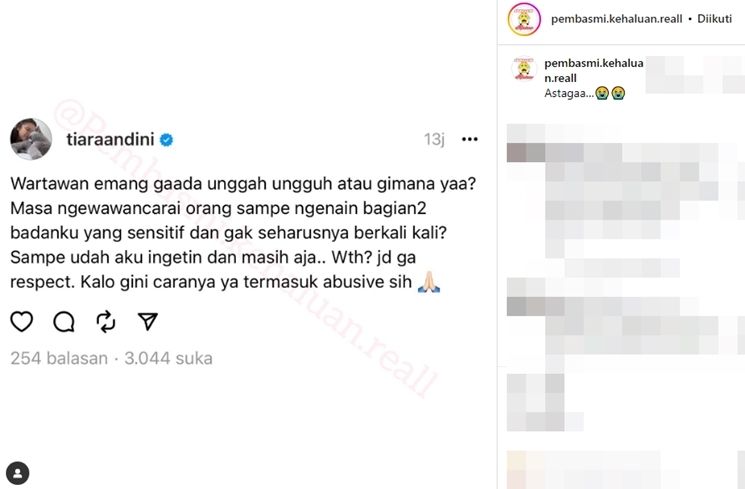 Unggahan Tiara Andini Ngeluh Bagian Sensitifnya Kesenggol Oknum Wartawan. (Instagram)