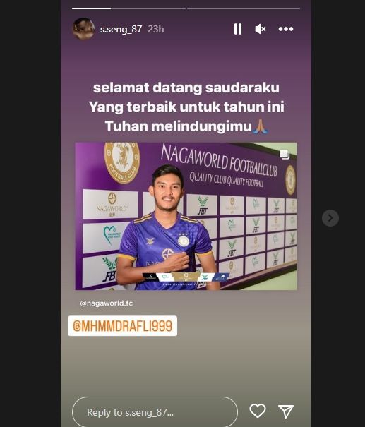 Pemain Kamboja sambut Rafli Mursalim dengan bahasa Indonesia. (Instagram/s.seng_87)