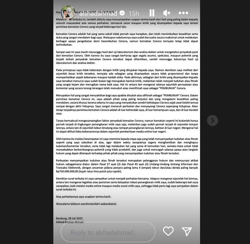 Alshad Ahmad memberikan pernyataan terkait kisruh matinya bayi anak macan yang diasuhnya di Instagram Story.