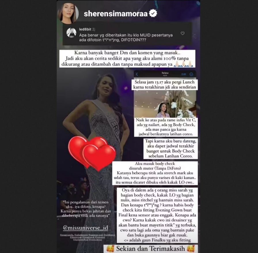 Sheren Simamora, salah satu finalis Miss Universe Indonesia 2023 mengakui adanya permintaan untuk tampil polos atau bugil saat pengecekan badan. [Instagram]