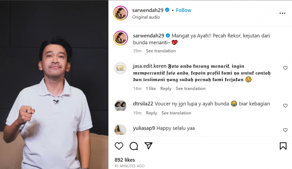 Postingan Instagram Sarwendah. (Istimewa)