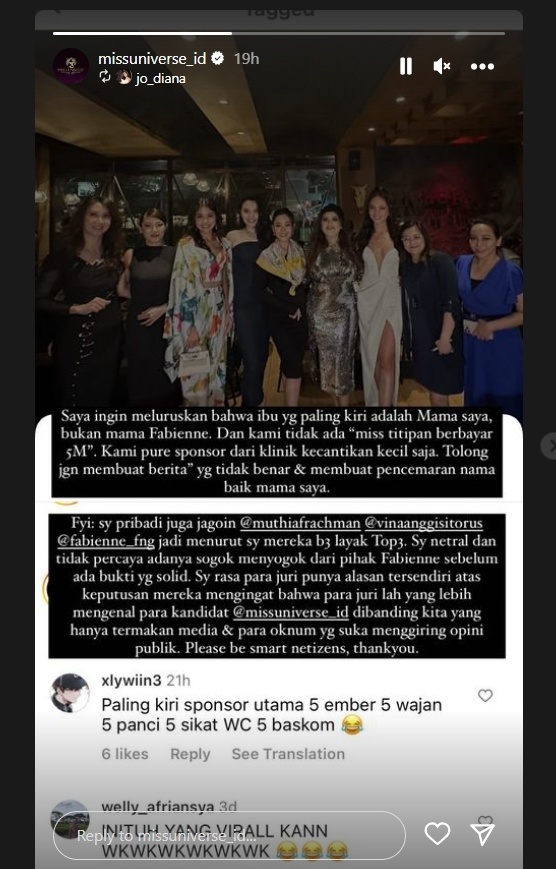 MIss Universe Indonesia diduga terima suap Rp5 miliar (Instagram)
