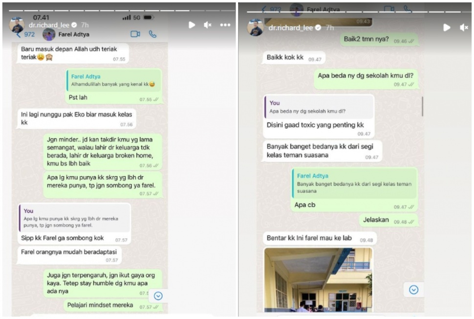 Chat Farel Aditya ke dr. Richard Lee (Instagram)