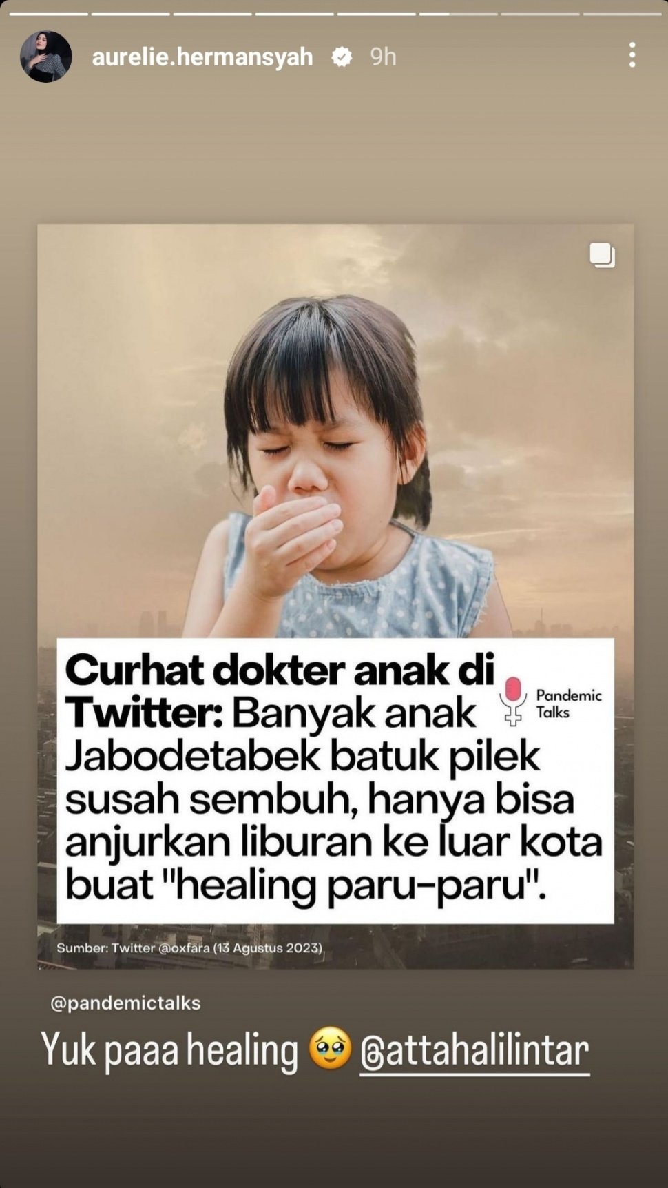  Curhatan Para Artis Tentang Polusi Udara di Jakarta. (Dok: Instagram/aureliehermansyah)