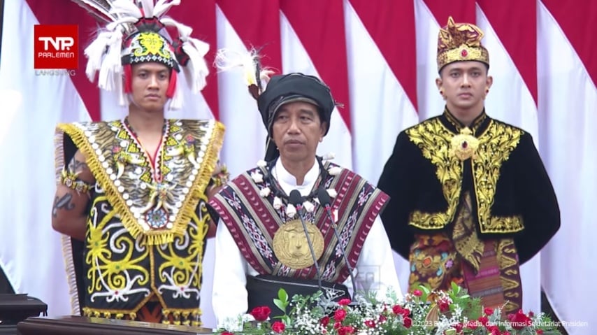 Presiden Joko Widodo atau Jokowi dalam pidatonya pada Sidang Tahunan MPR di Kompleks Parlemen, Senayan, Jakarta, Rabu (16/8/2023). (Tangkap layar)